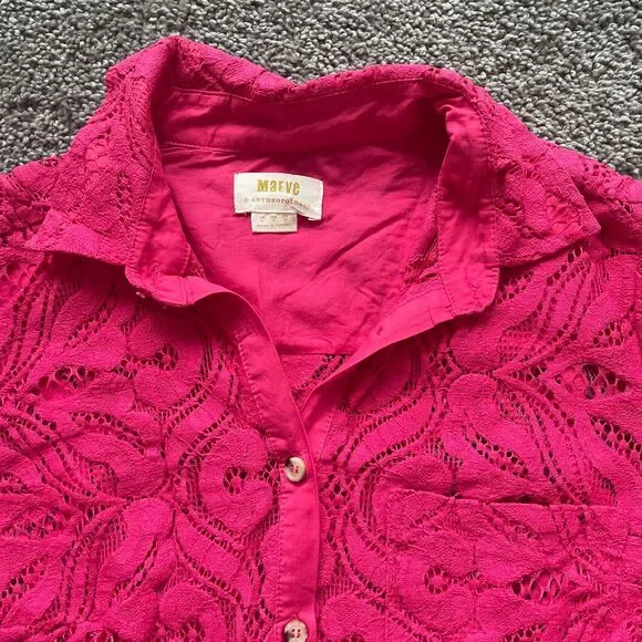 Anthropologie Womens Lace Button Down Sz 4 Pink Preppy Office Bright Colorful - Picture 3 of 7